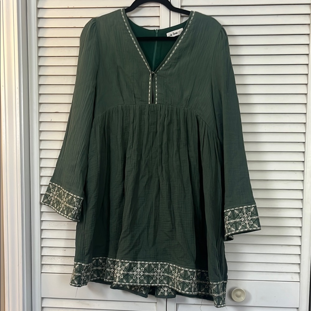In Loom Green Tunic Dress with Embroidered Trim